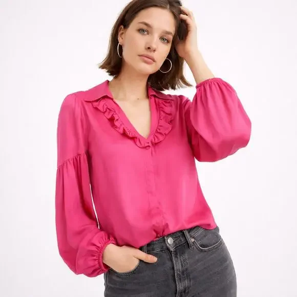 AMADI Lara Ruffled Blouse Hot Pink Anthropologie Boho V Neck Long Sleeve Size L - Picture 1 of 7